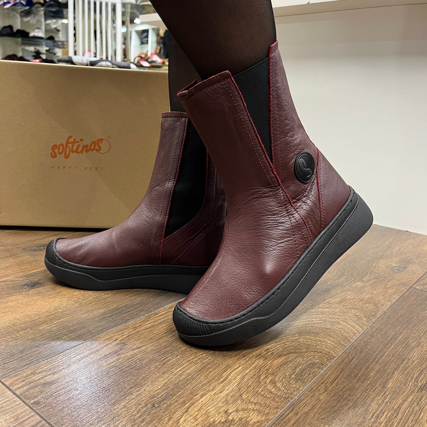 Softinos P900757002 AMBE757S0F Dark Red Leather Pull On Boots with Elastic