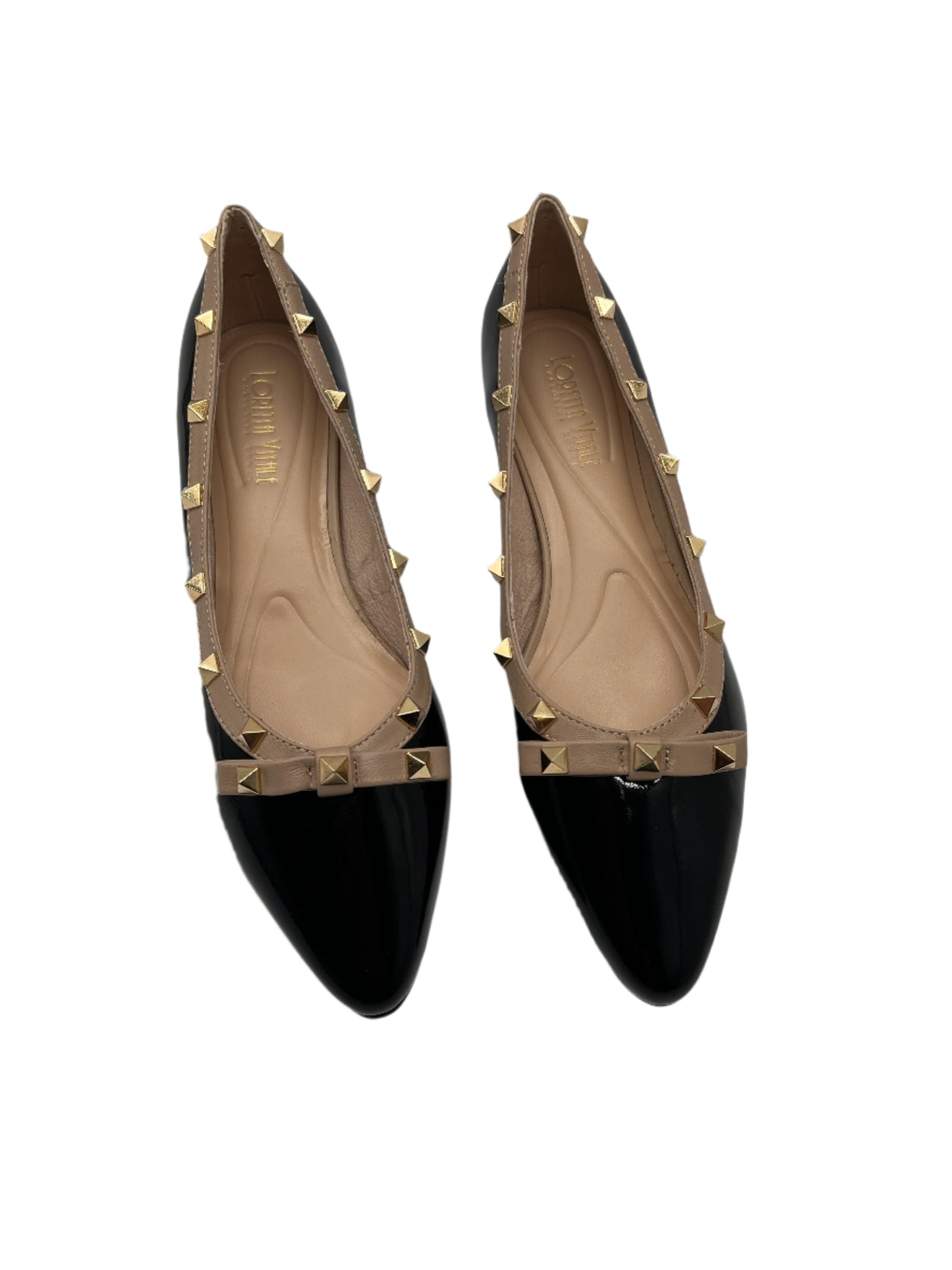 Loretta Vitale C9303 Black Patent Beige Trim Slip On Shoes with Studs