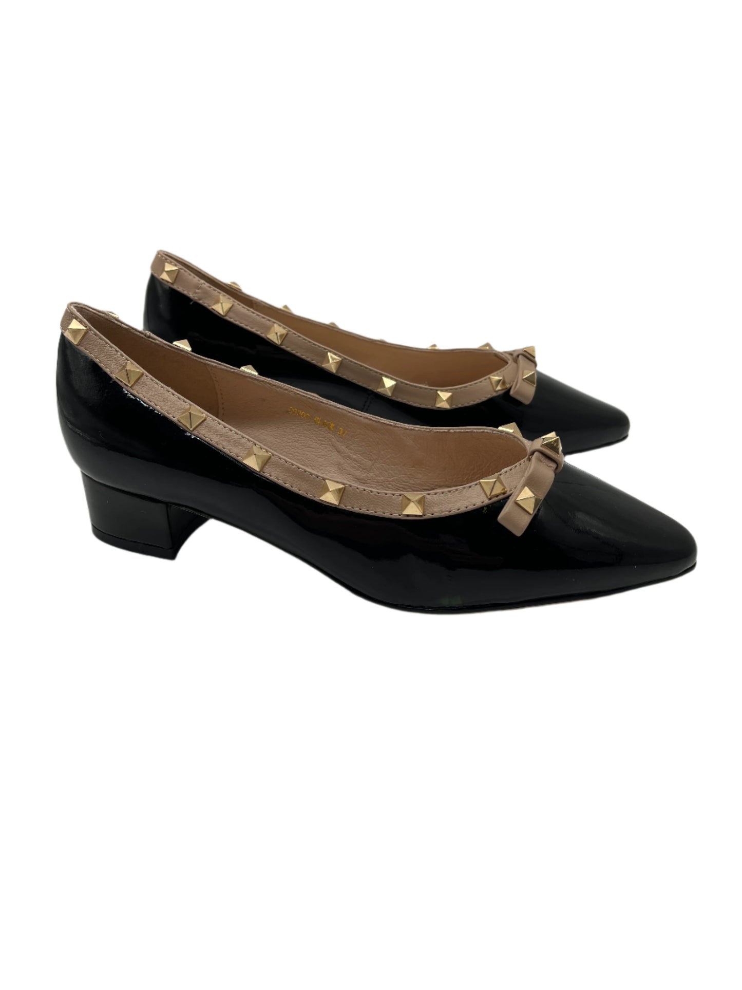 Loretta Vitale C9303 Black Patent Beige Trim Slip On Shoes with Studs