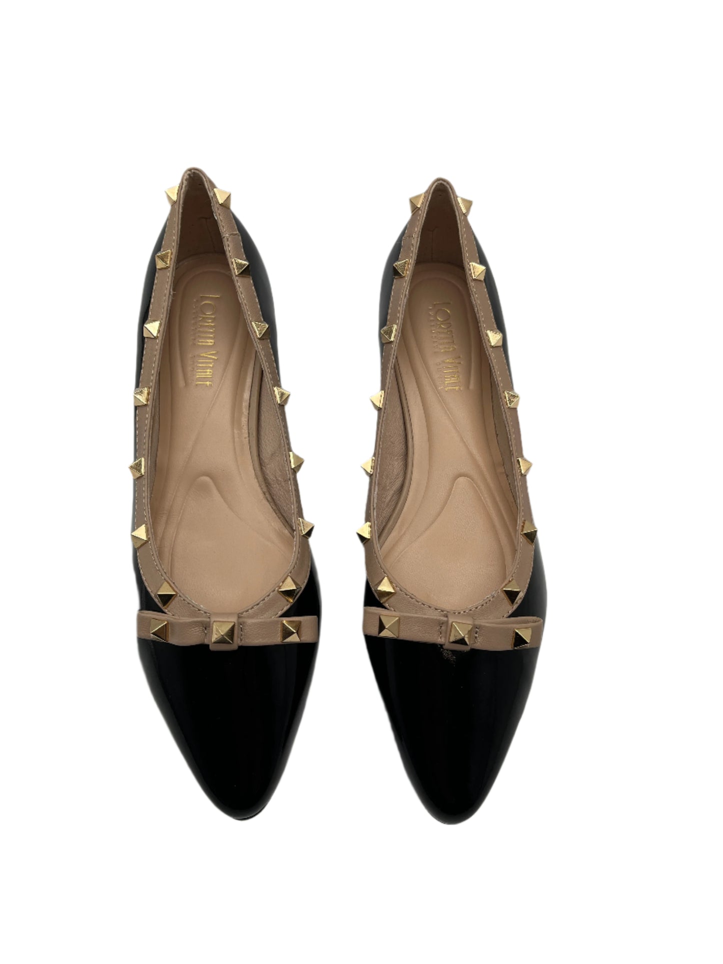 Loretta Vitale C9303 Black Patent Beige Trim Slip On Shoes with Studs