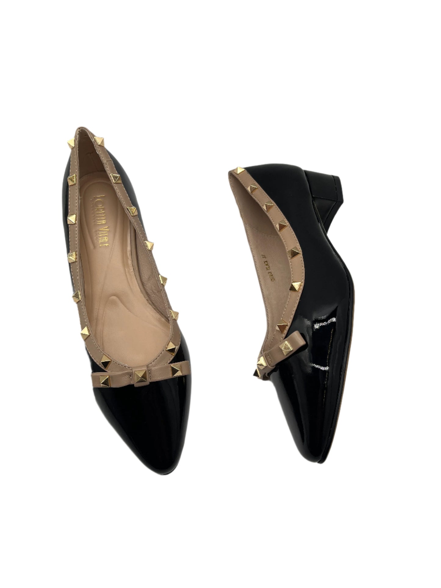 Loretta Vitale C9303 Black Patent Beige Trim Slip On Shoes with Studs