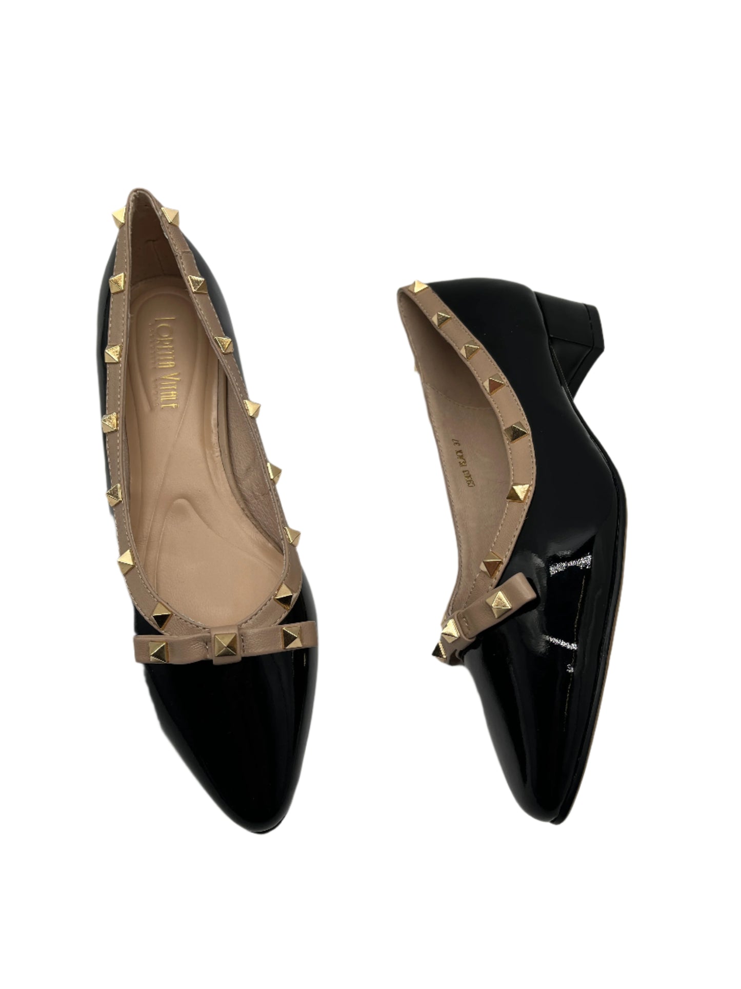 Loretta Vitale C9303 Black Patent Beige Trim Slip On Shoes with Studs