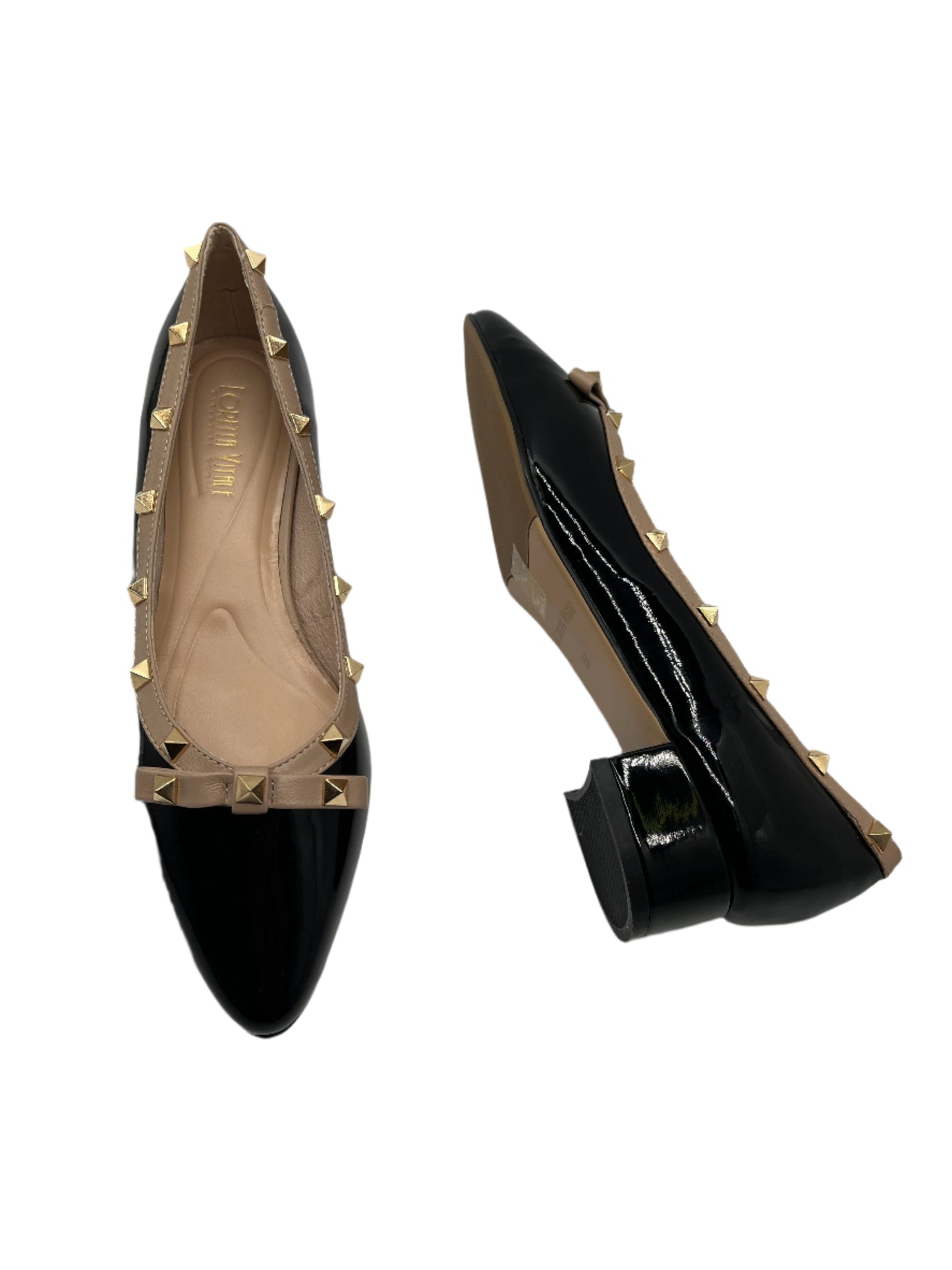Loretta Vitale C9303 Black Patent Beige Trim Slip On Shoes with Studs