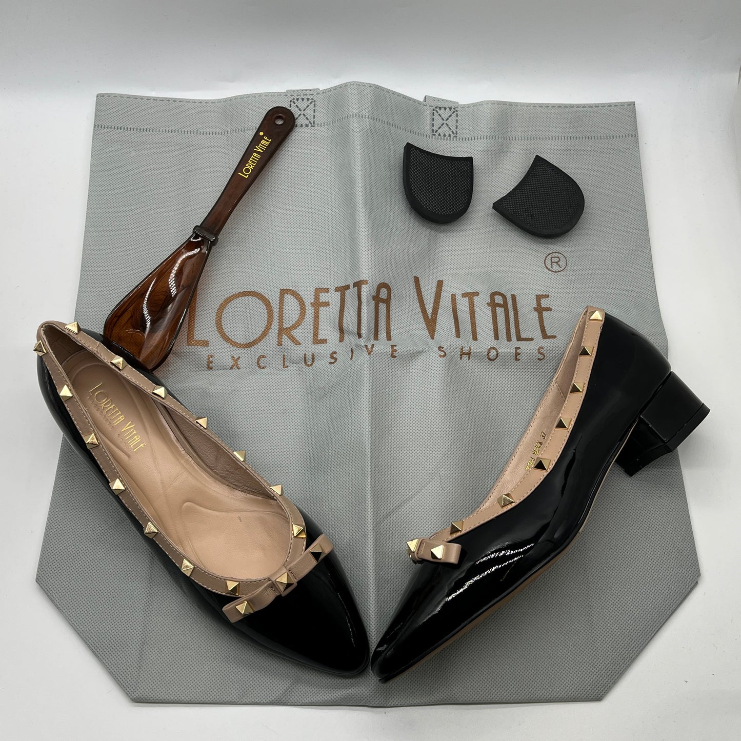 Loretta Vitale C9303 Black Patent Beige Trim Slip On Shoes with Studs