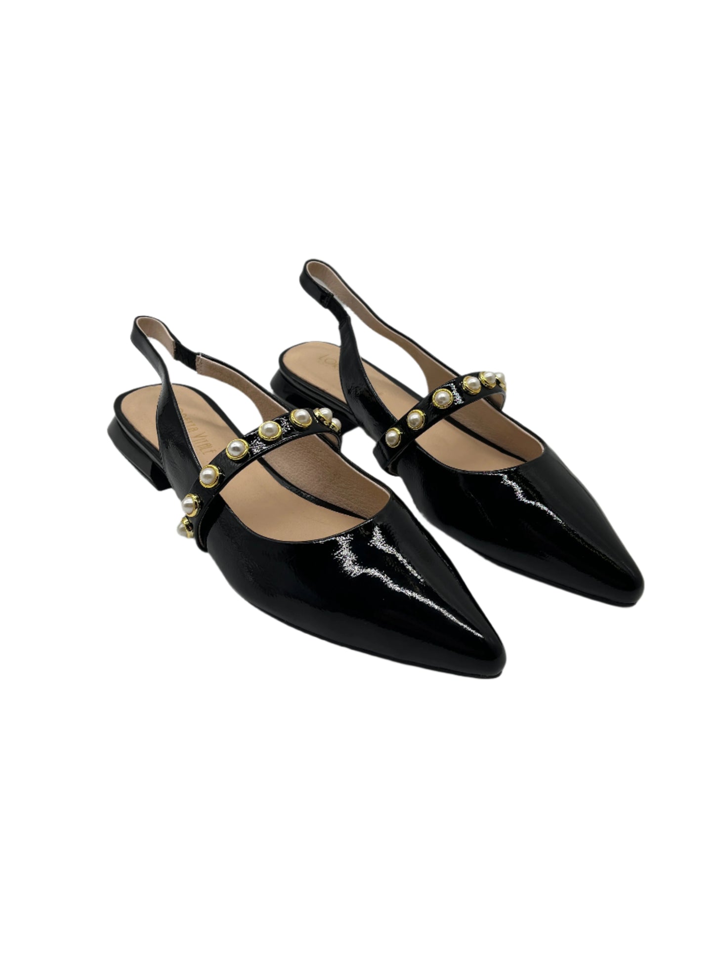 Loretta Vitale C9619 Black Patent Slingback Shoes with Pearl Strap