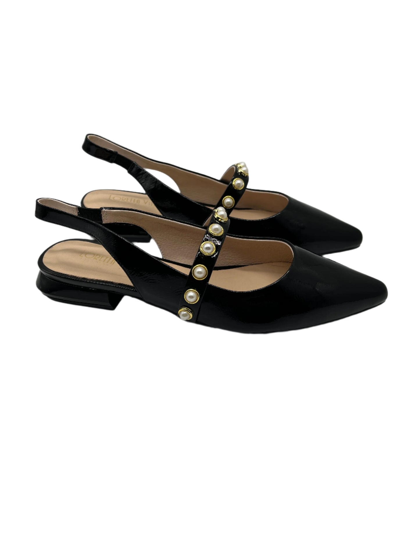 Loretta Vitale C9619 Black Patent Slingback Shoes with Pearl Strap