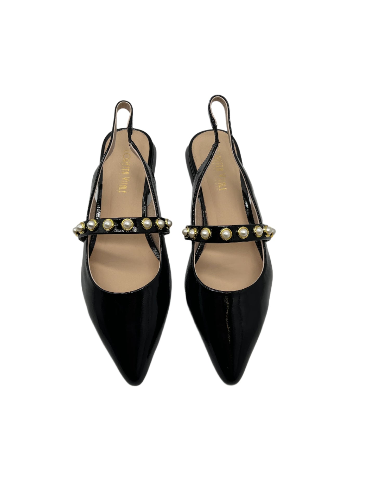 Loretta Vitale C9619 Black Patent Slingback Shoes with Pearl Strap
