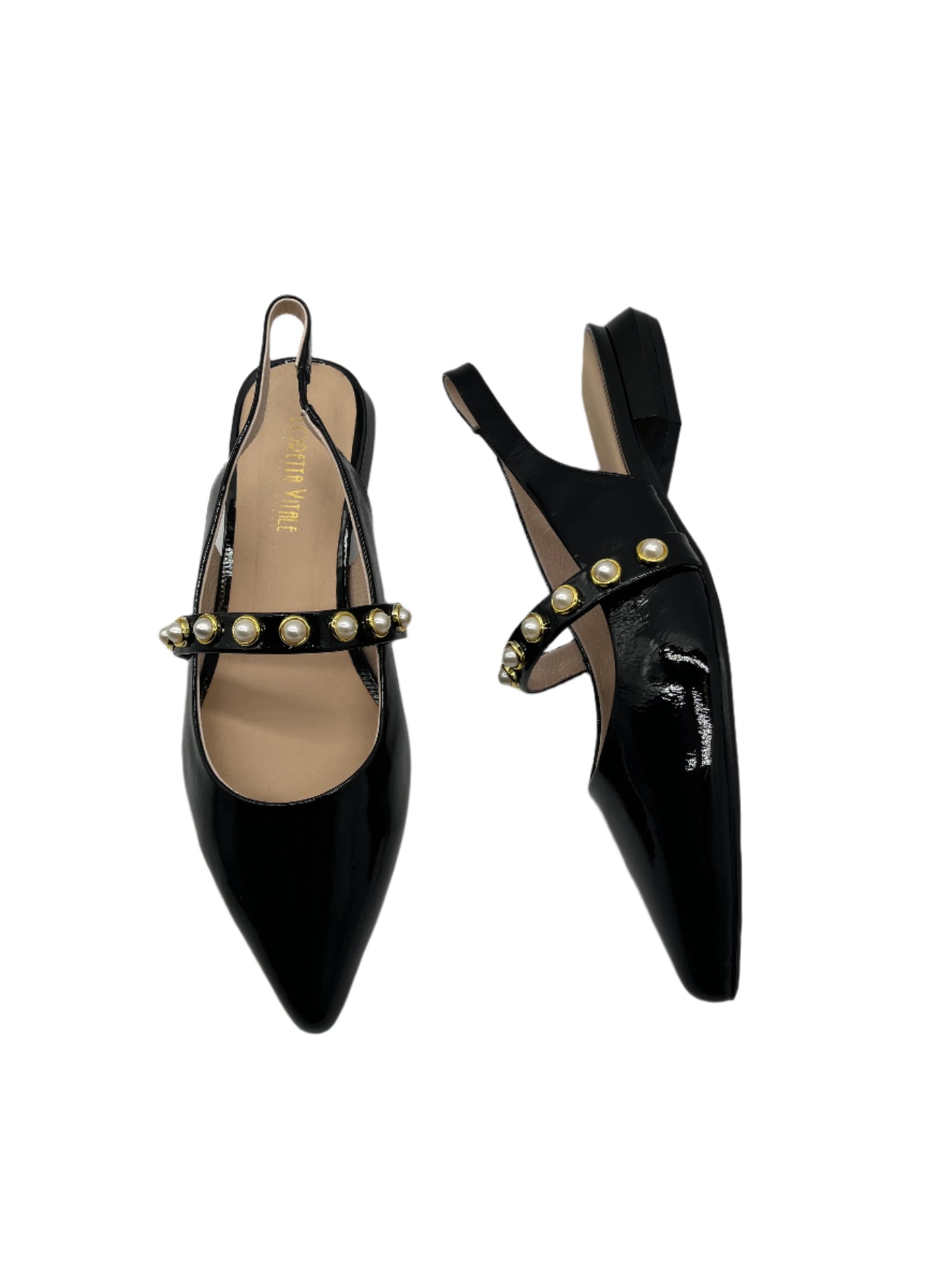 Loretta Vitale C9619 Black Patent Slingback Shoes with Pearl Strap