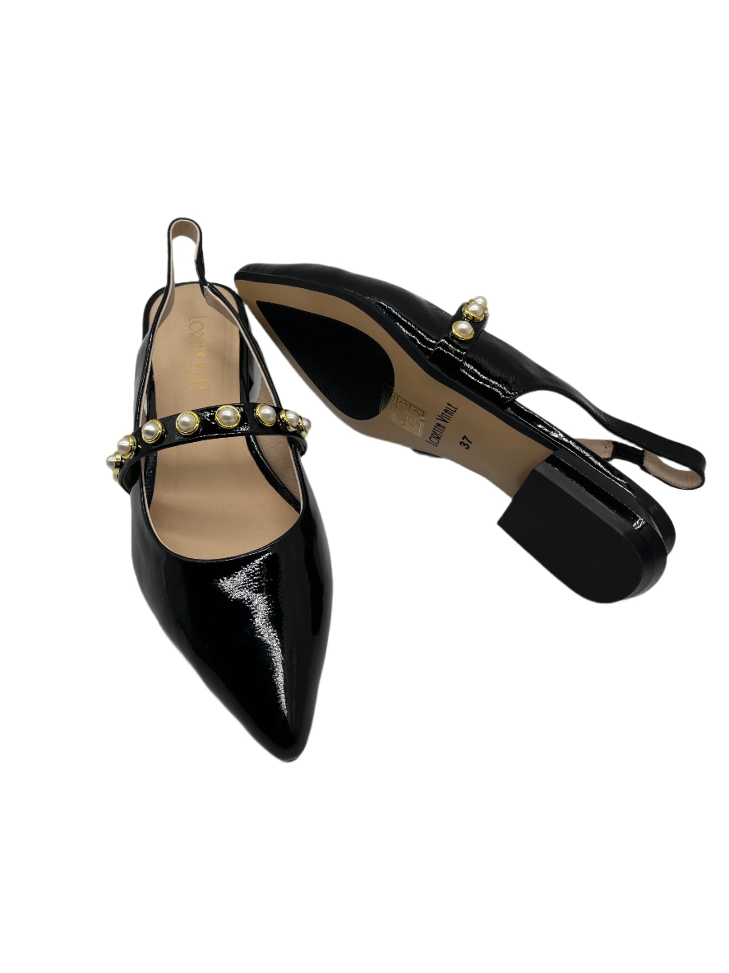 Loretta Vitale C9619 Black Patent Slingback Shoes with Pearl Strap
