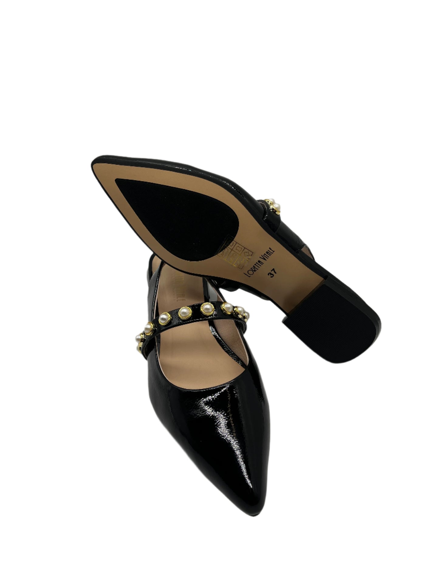 Loretta Vitale C9619 Black Patent Slingback Shoes with Pearl Strap