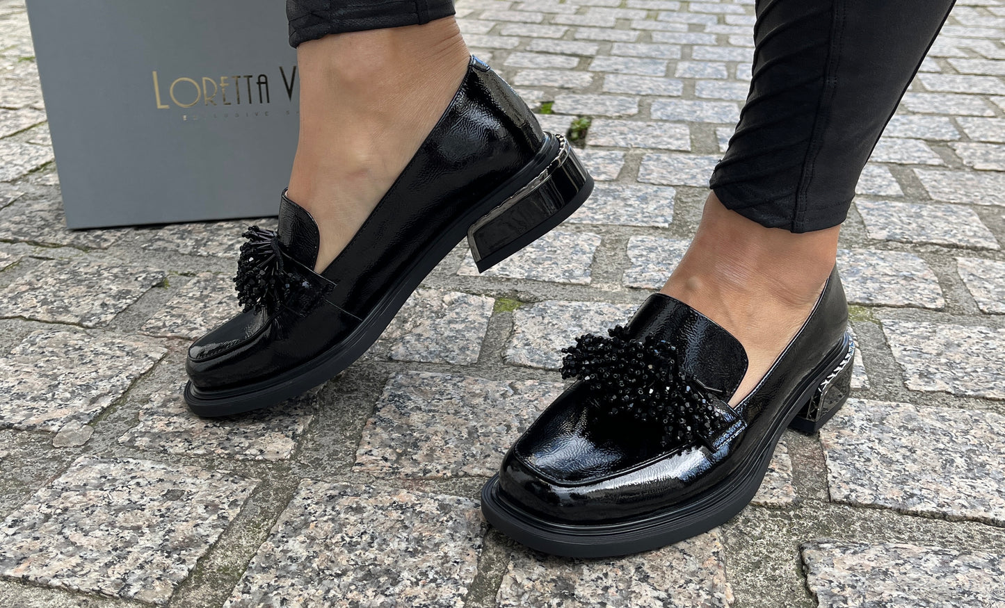 Loretta Vitale B970 Black Patent Slip On Shoes with Front Beading