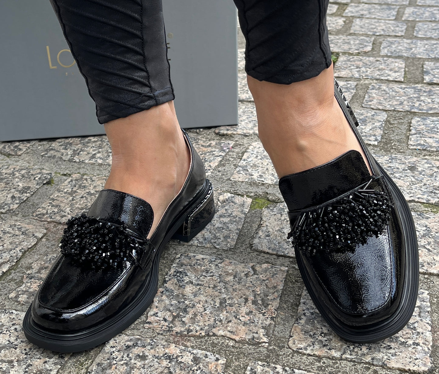 Loretta Vitale B970 Black Patent Slip On Shoes with Front Beading