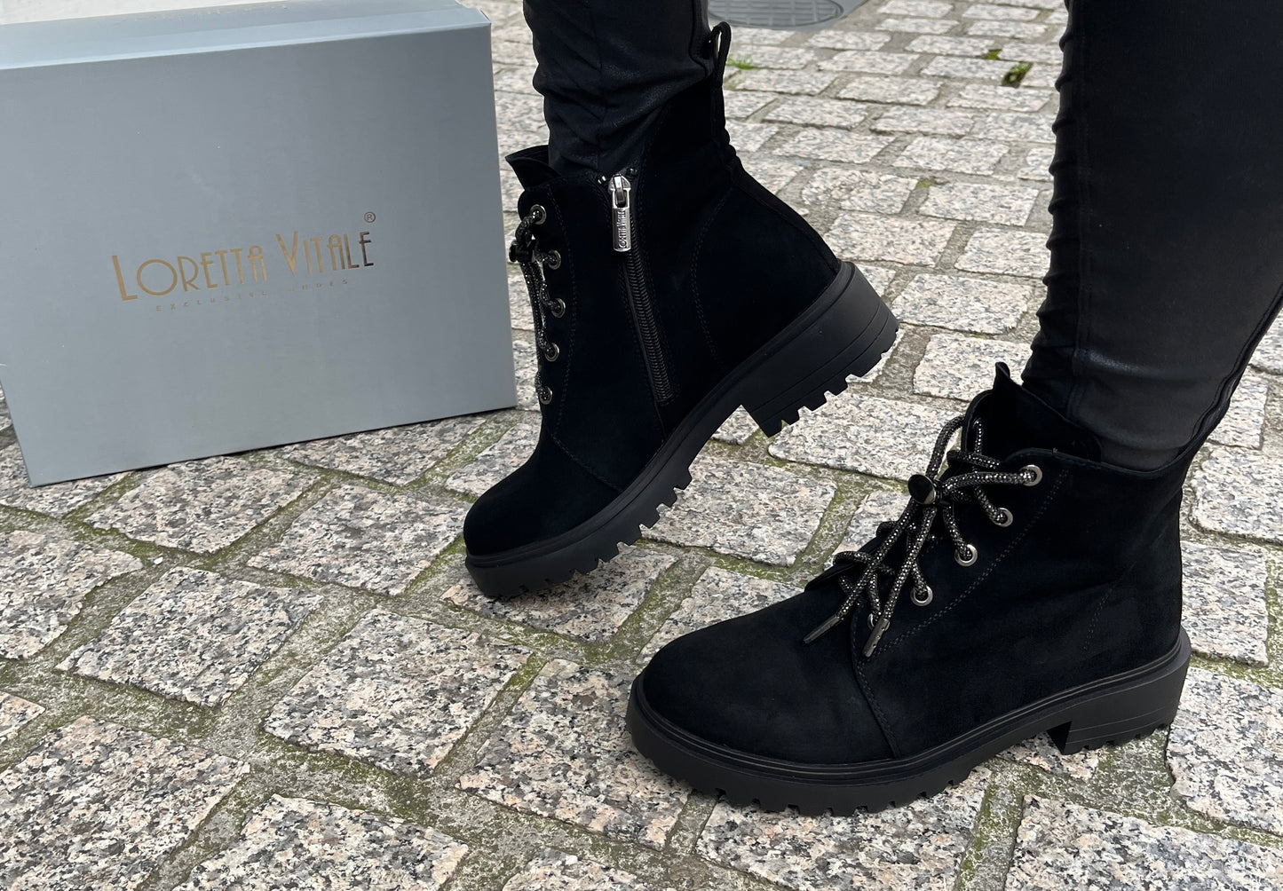 Loretta Vitale C2439638 Black Suede Ankle Boots with Glitz Laces