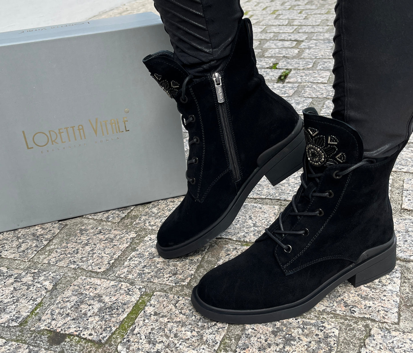 Loretta Vitale C2439637 Black Suede Lace Ankle Boots with Beads