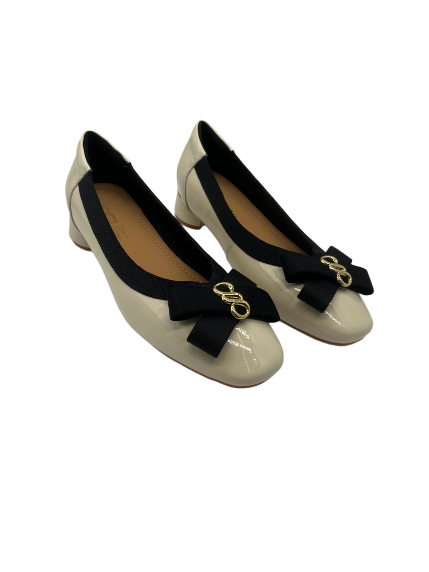 Loretta Vitale W5314 Beige Patent & Black Bow Slip On Shoes
