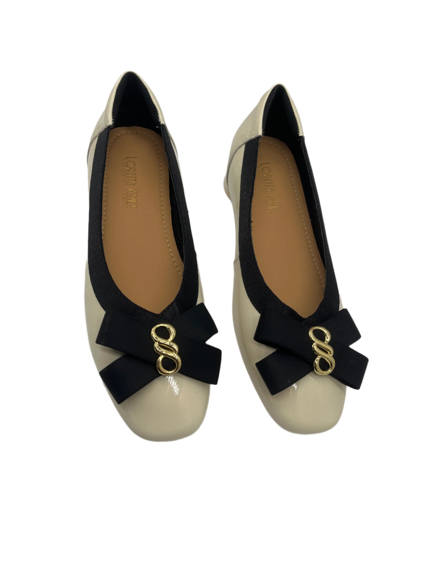 Loretta Vitale W5314 Beige Patent & Black Bow Slip On Shoes