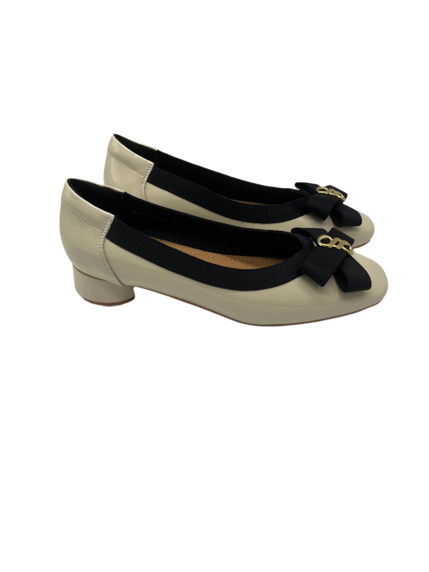 Loretta Vitale W5314 Beige Patent & Black Bow Slip On Shoes