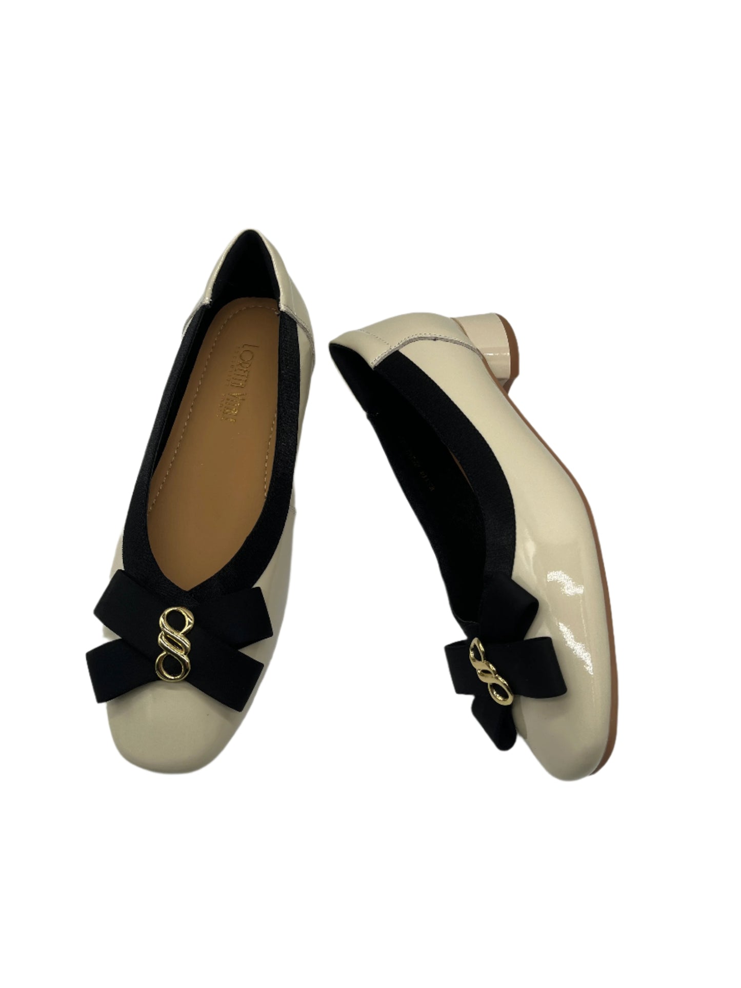 Loretta Vitale W5314 Beige Patent & Black Bow Slip On Shoes