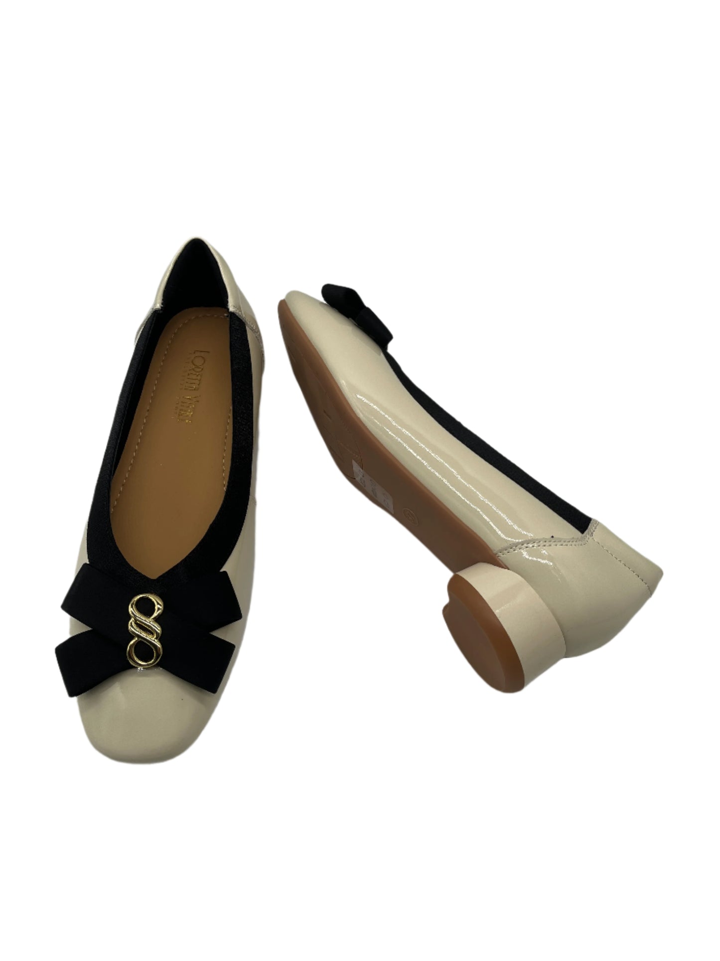 Loretta Vitale W5314 Beige Patent & Black Bow Slip On Shoes