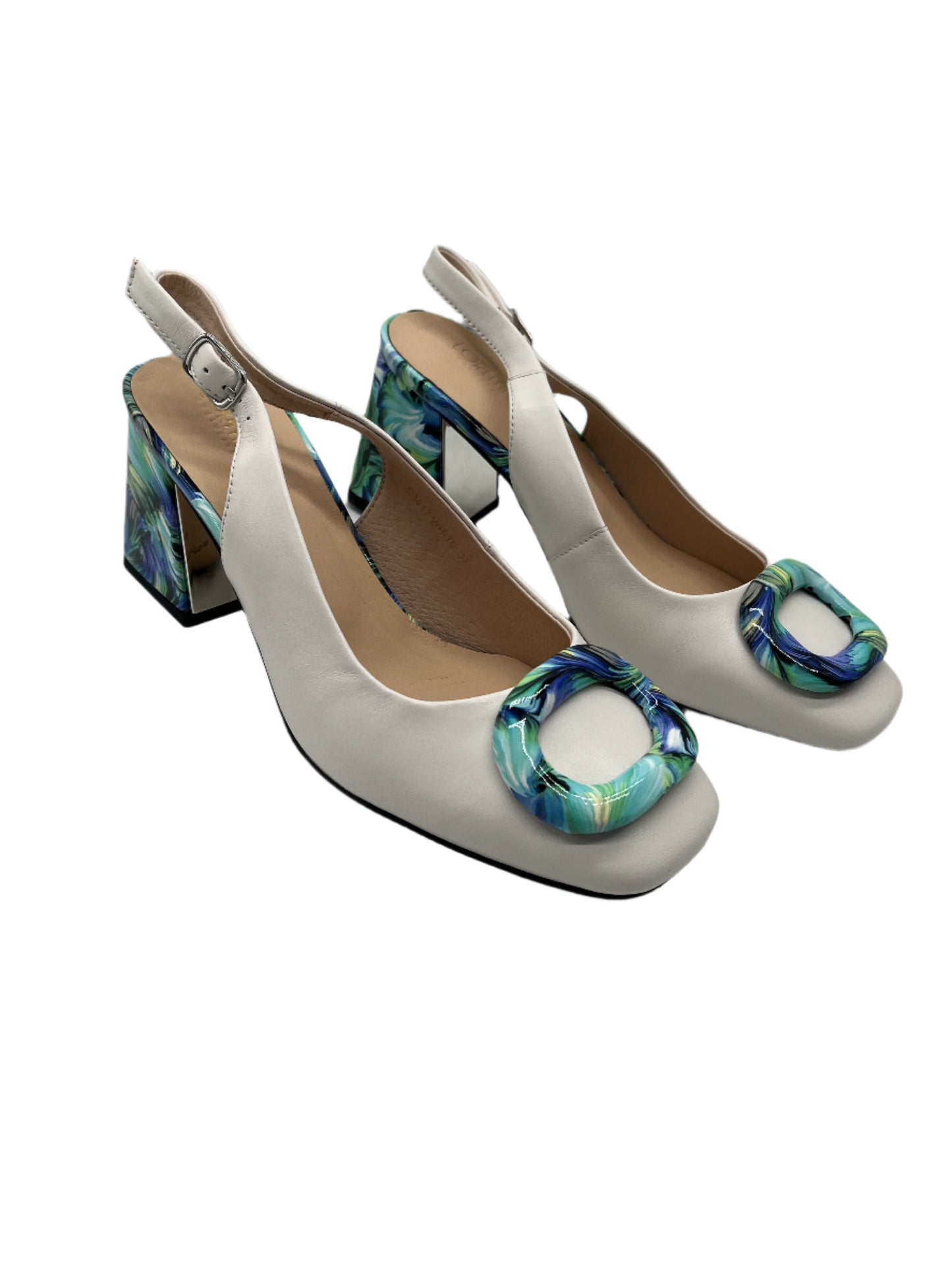 Loretta Vitale C3817 White & Blue Combi Block Heels with Slingback Strap