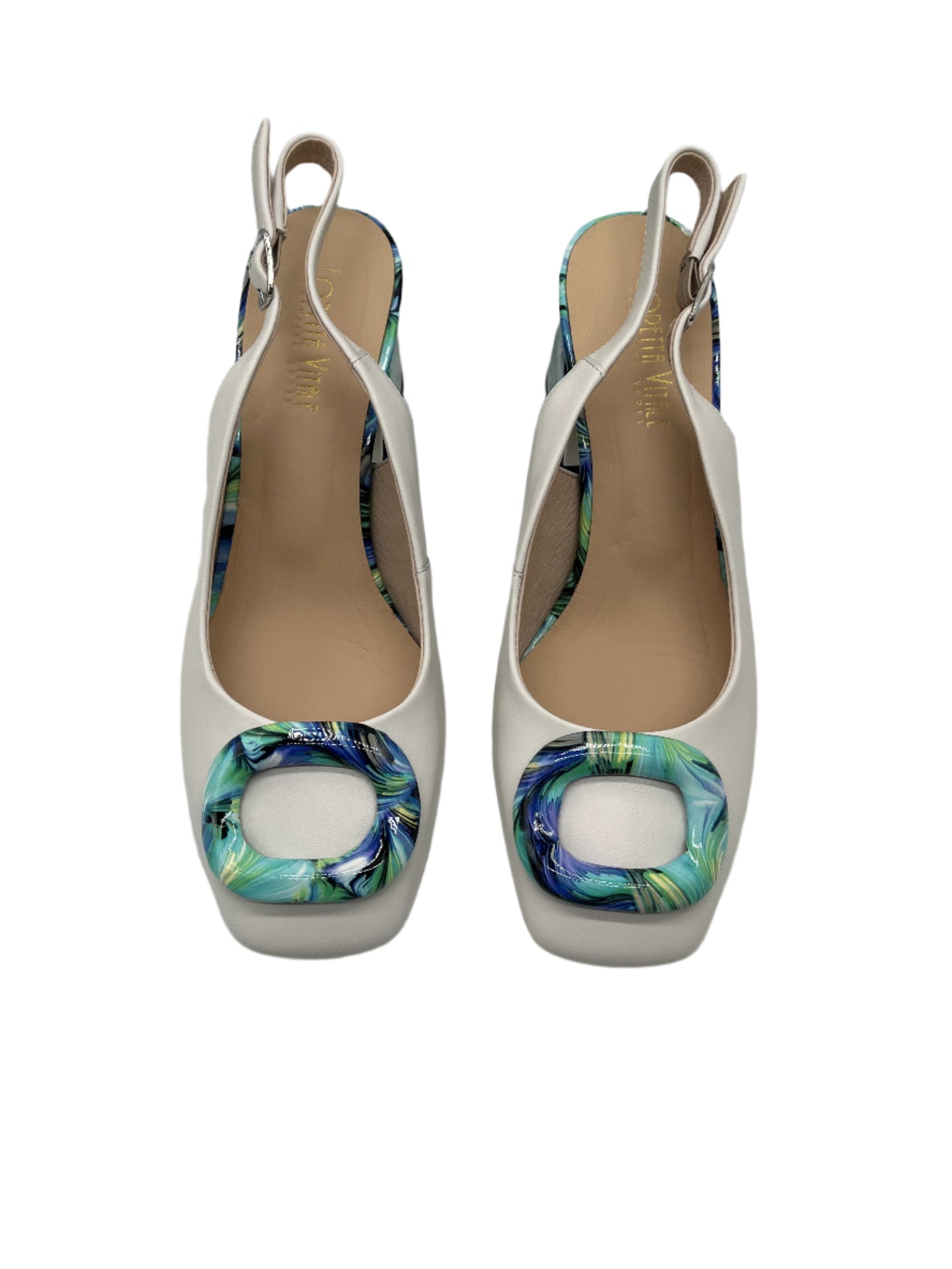 Loretta Vitale C3817 White & Blue Combi Block Heels with Slingback Strap