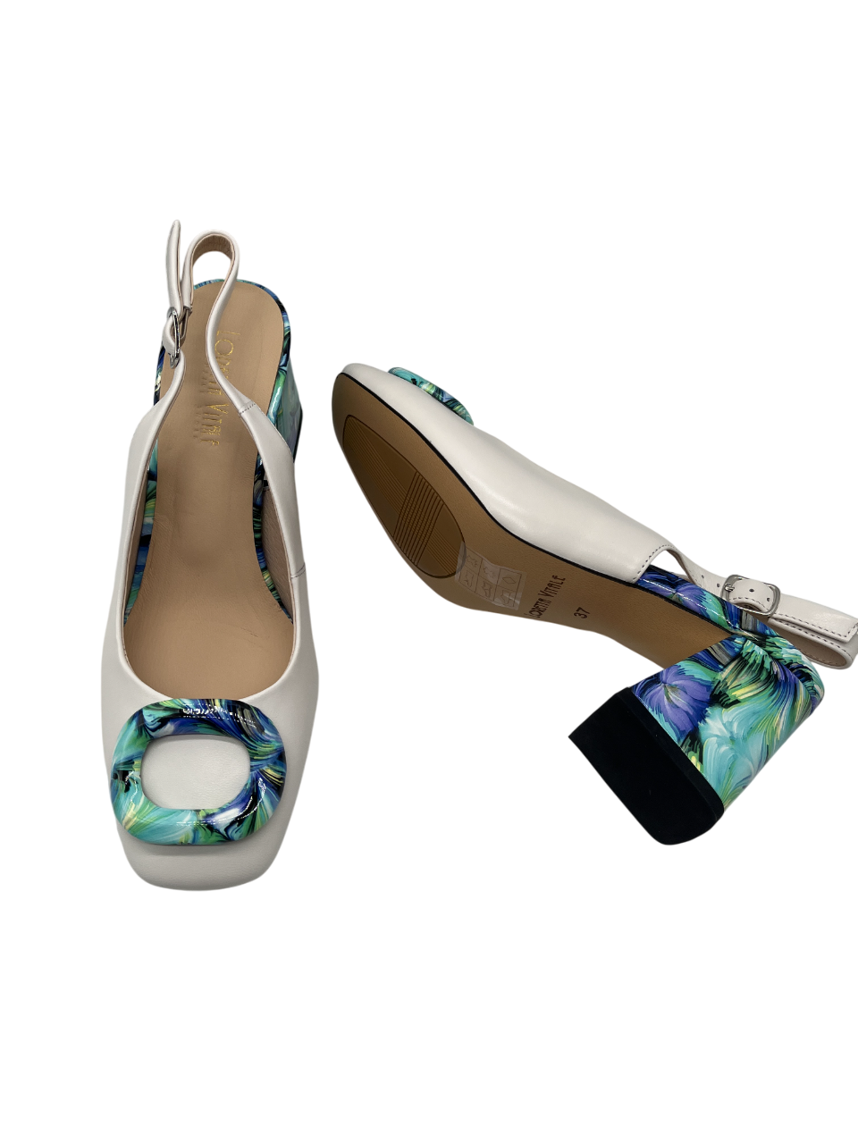 Loretta Vitale C3817 White & Blue Combi Block Heels with Slingback Strap