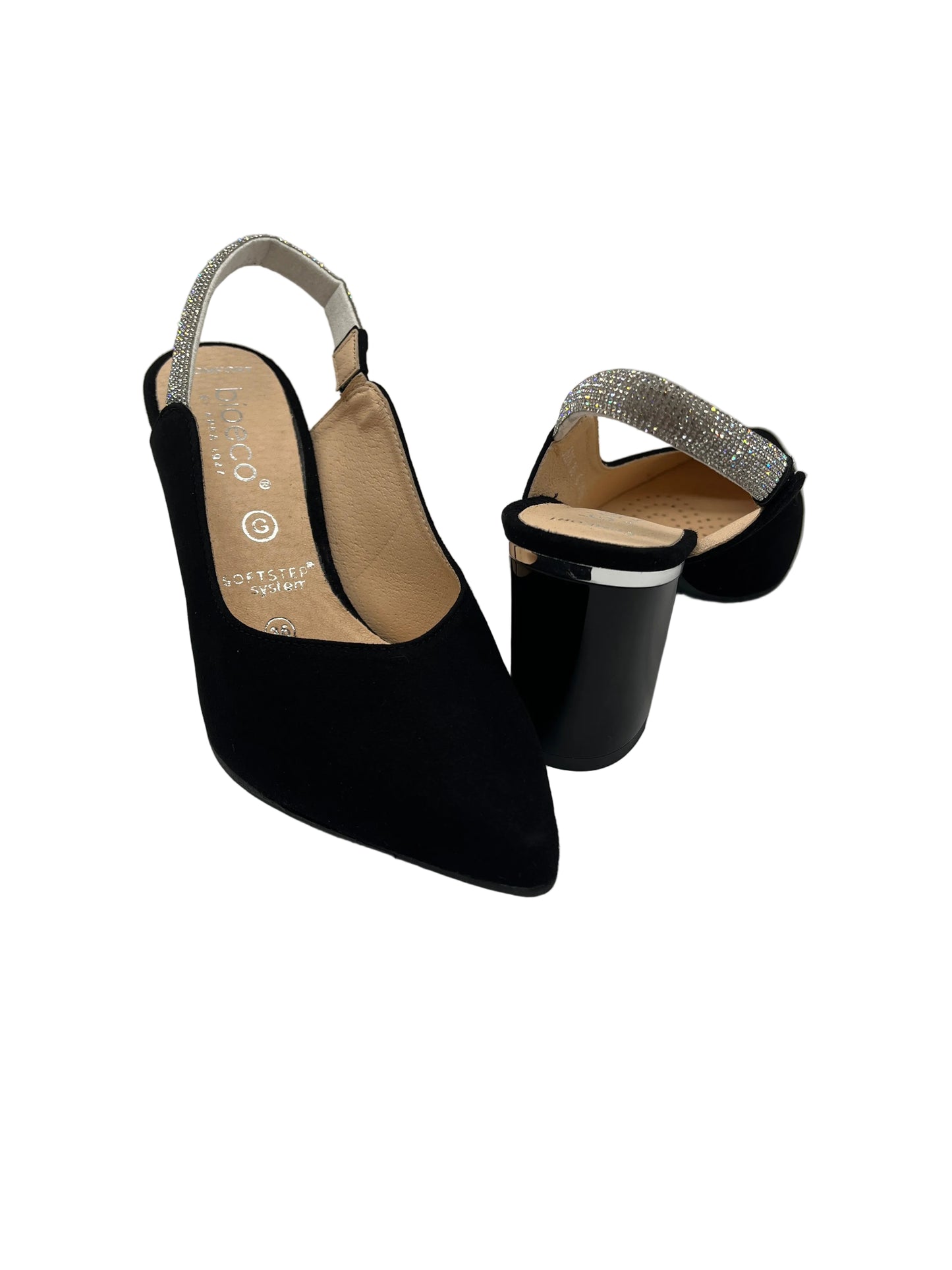 Bioeco by Arka 4186 0026+1430+1661 Black Suede Block Heels with Diamonte Strap