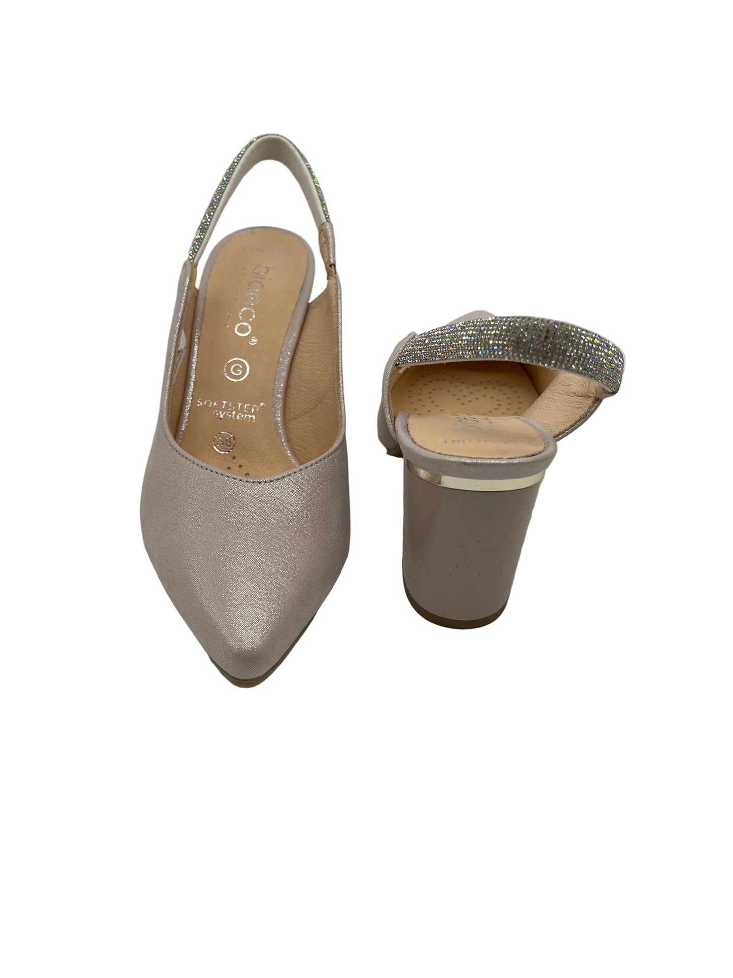 Bioeco by Arka 4186 2067+1661 Metallic Pink Shimmer Block Heels with Diamonte Strap