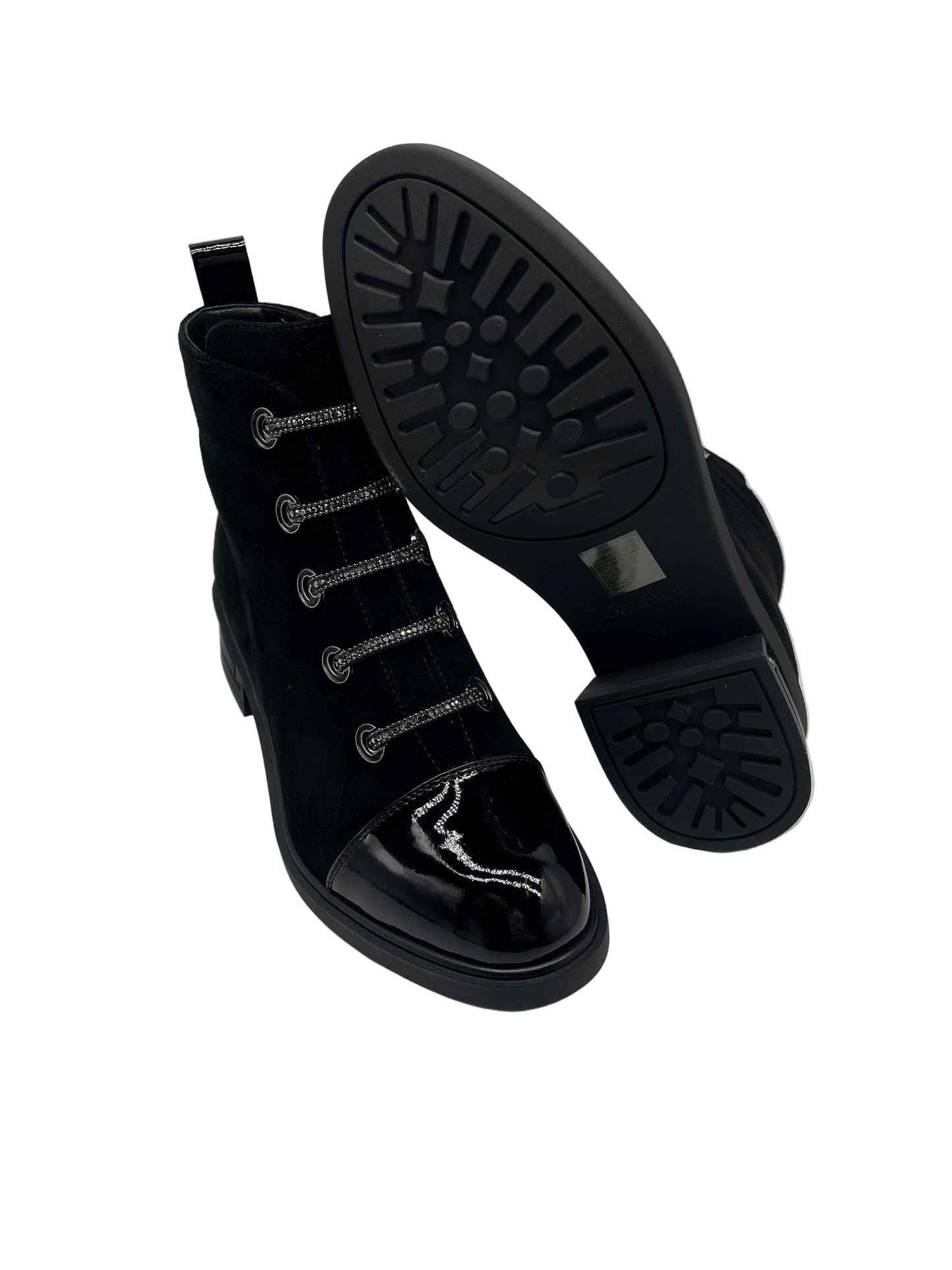 Loretta Vitale C3896 Black Ankle Boots with Patent Toe & Chain Detail