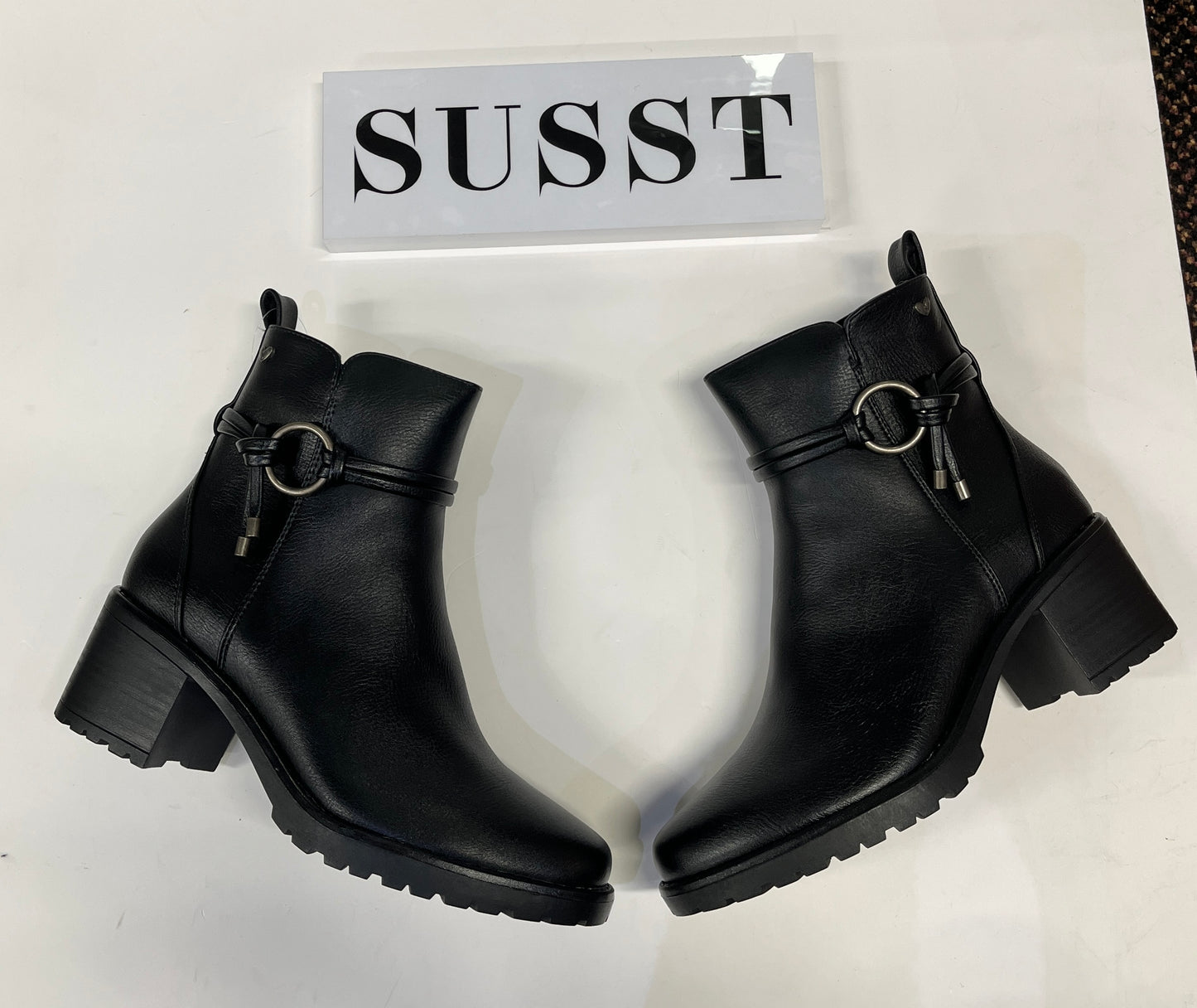 Susst Georgia24 Black PU Strap & Ring Trim Ankle Boots