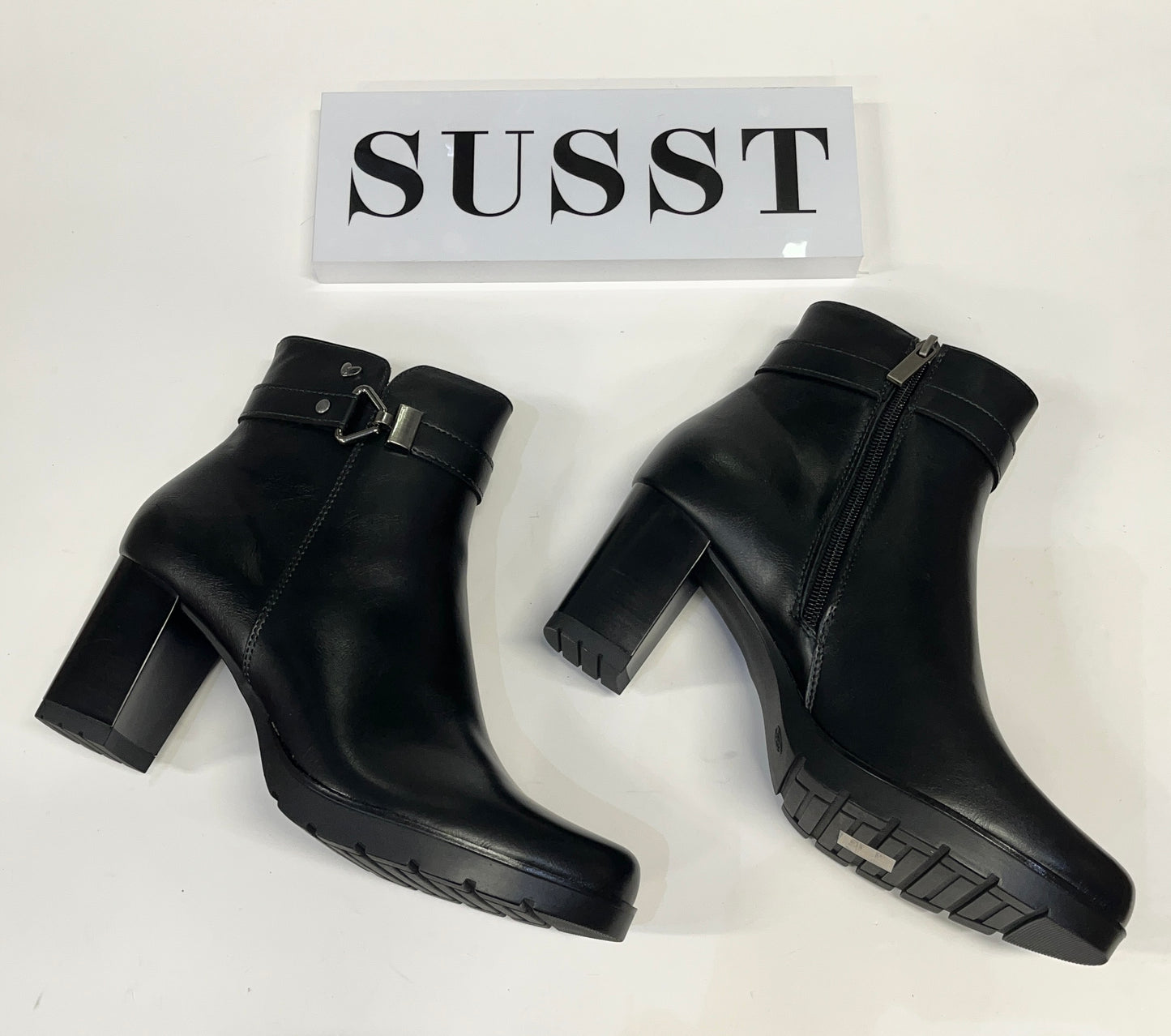 Susst Hudson24 Black PU Mid Heel Strap & Buckle Ankle Boots