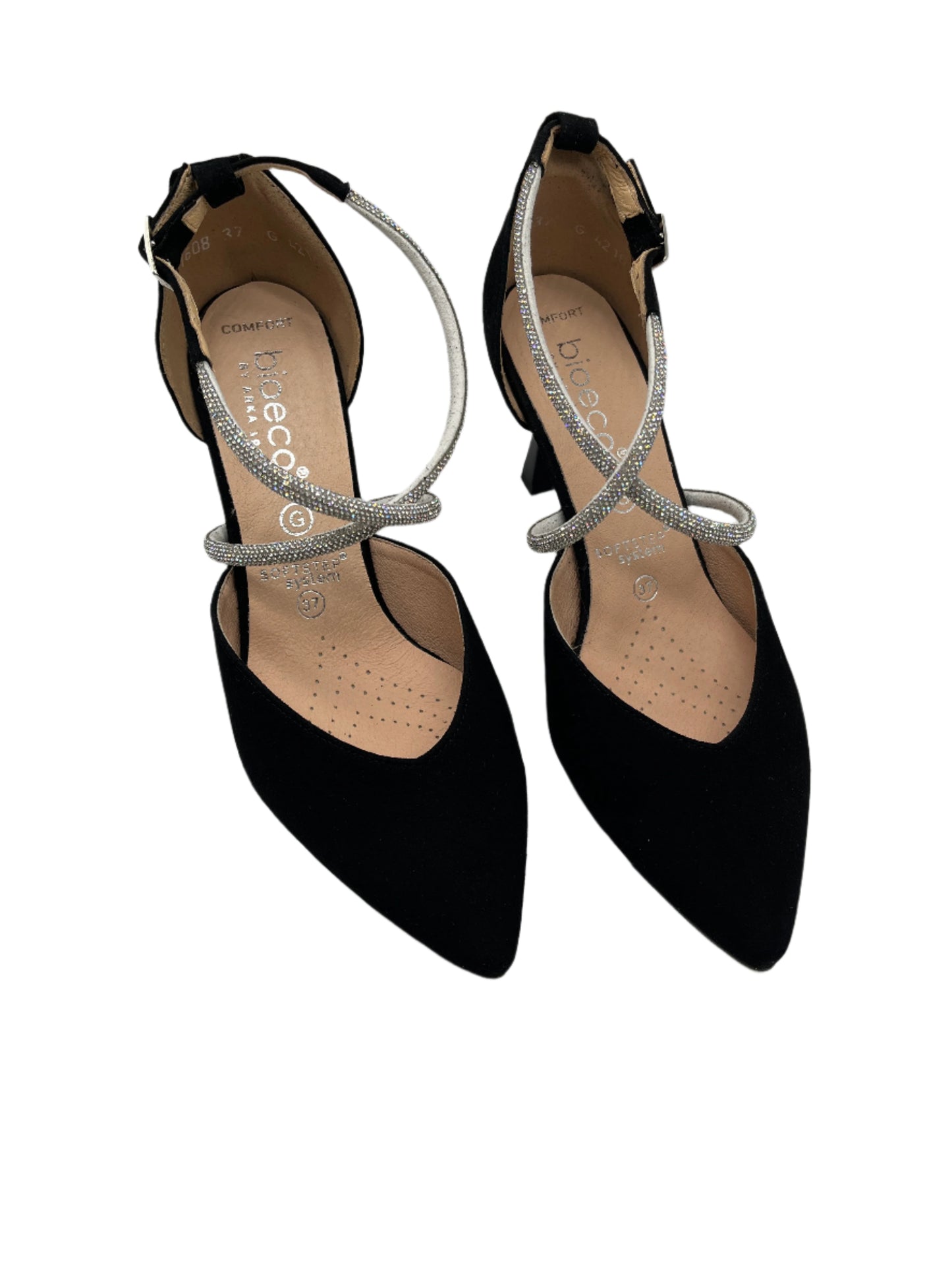 Bioeco by Arka 4216 0026+1430+1661 G Fit Black Suede Heels with Diamonte Straps