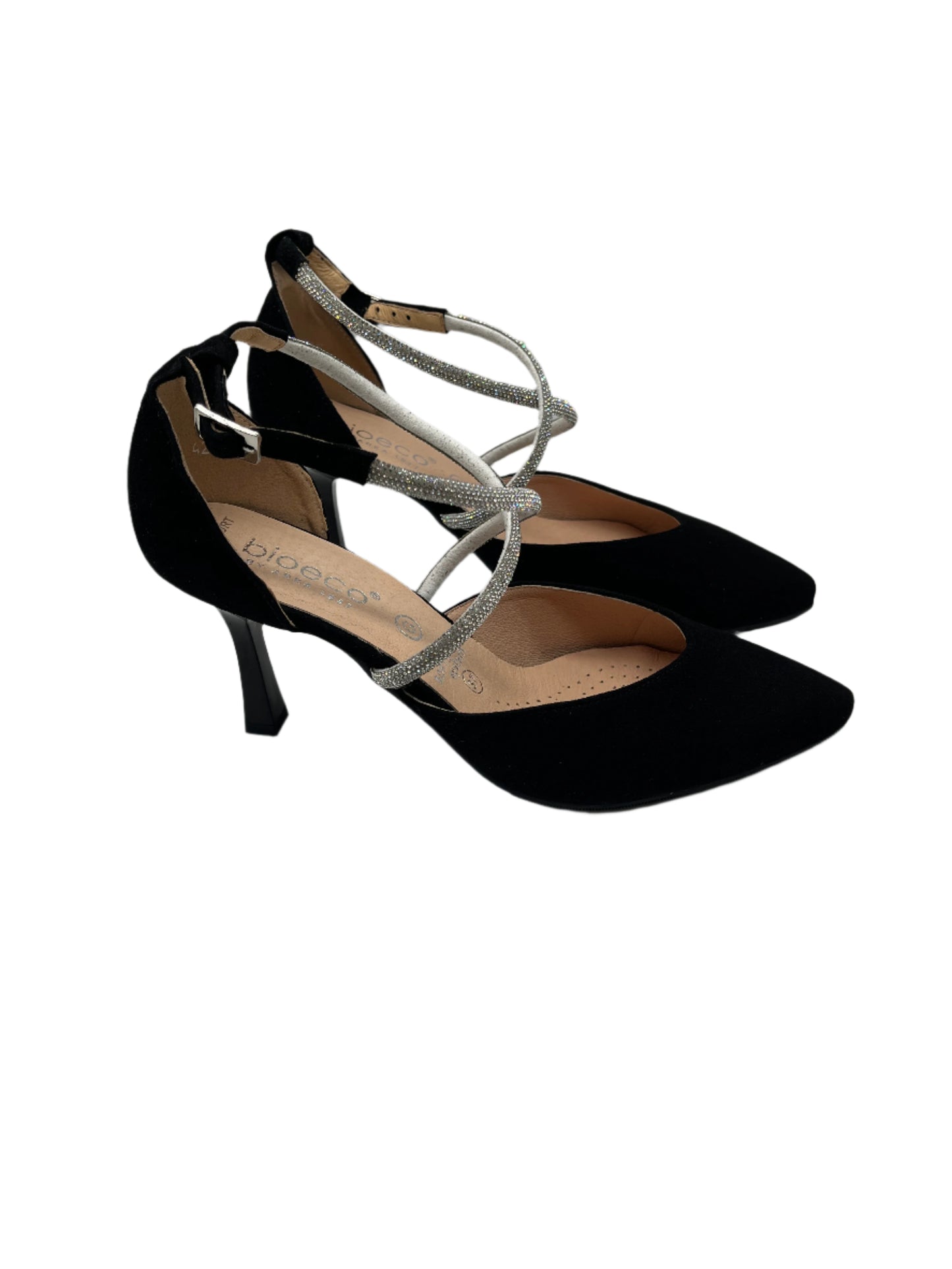 Bioeco by Arka 4216 0026+1430+1661 G Fit Black Suede Heels with Diamonte Straps