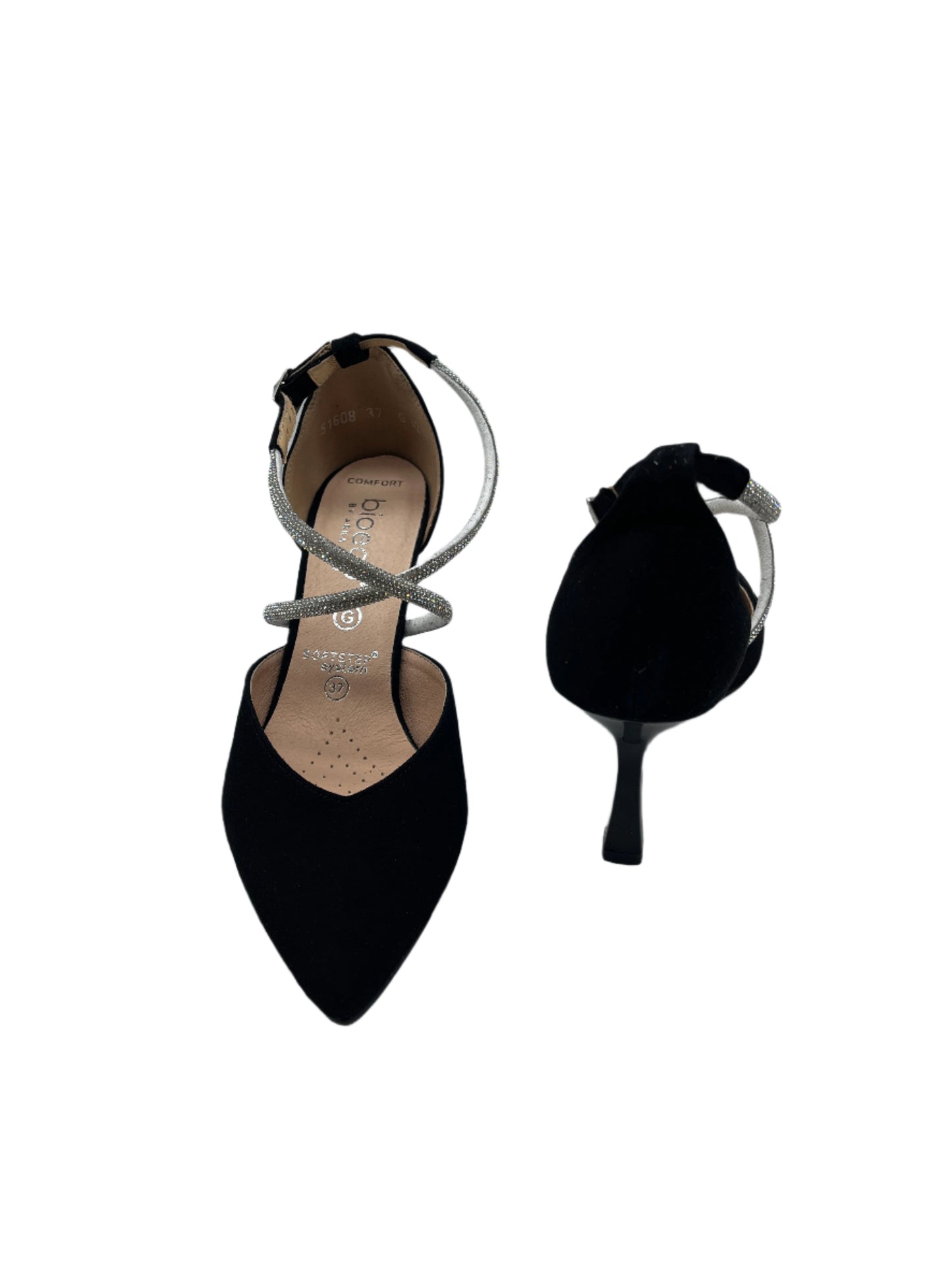 Bioeco by Arka 4216 0026+1430+1661 G Fit Black Suede Heels with Diamonte Straps