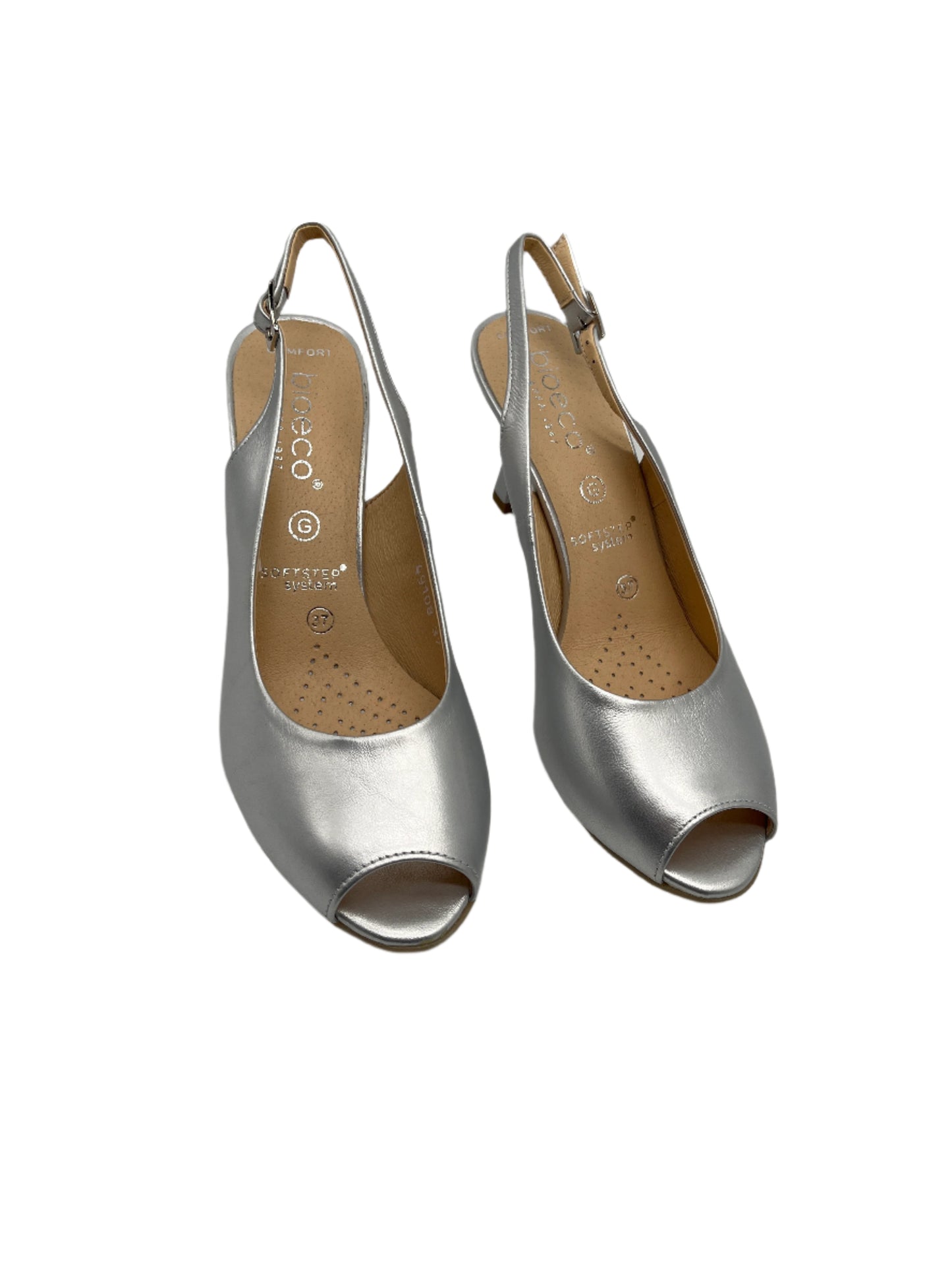 Bioeco by Arka 4180 2439+1661 Silver Leather Heels with Slingback Strap & Peep Toe