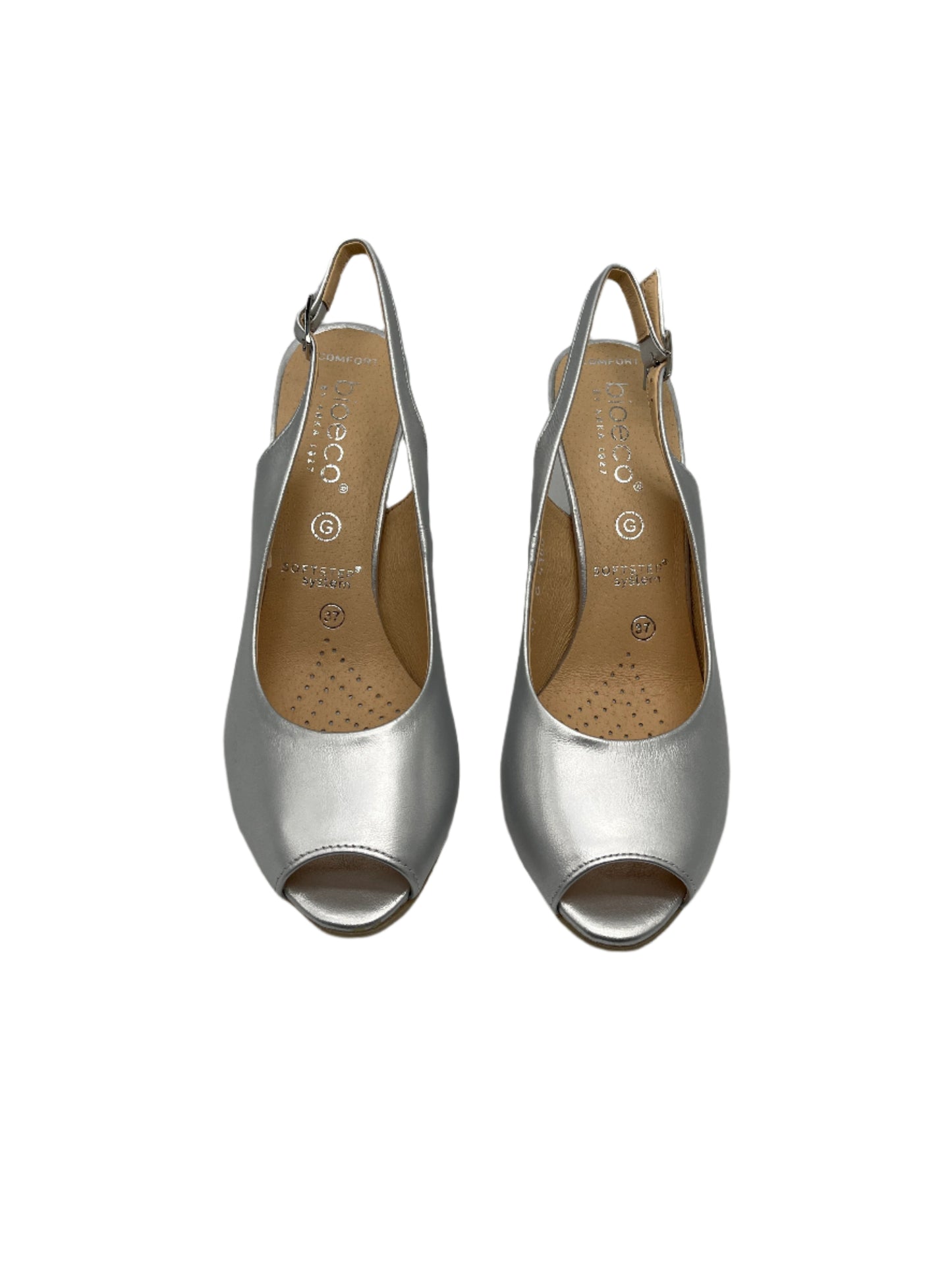 Bioeco by Arka 4180 2439+1661 Silver Leather Heels with Slingback Strap & Peep Toe