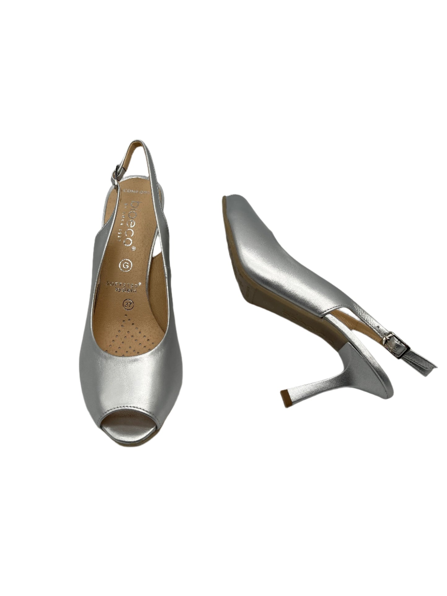 Bioeco by Arka 4180 2439+1661 Silver Leather Heels with Slingback Strap & Peep Toe