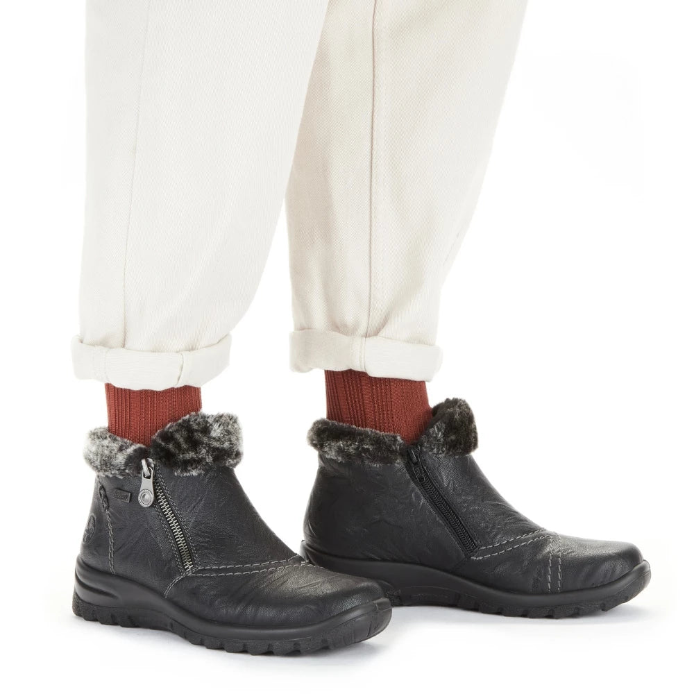 Rieker L7172-00 TEX Black Zip Boots with Fur Cuff