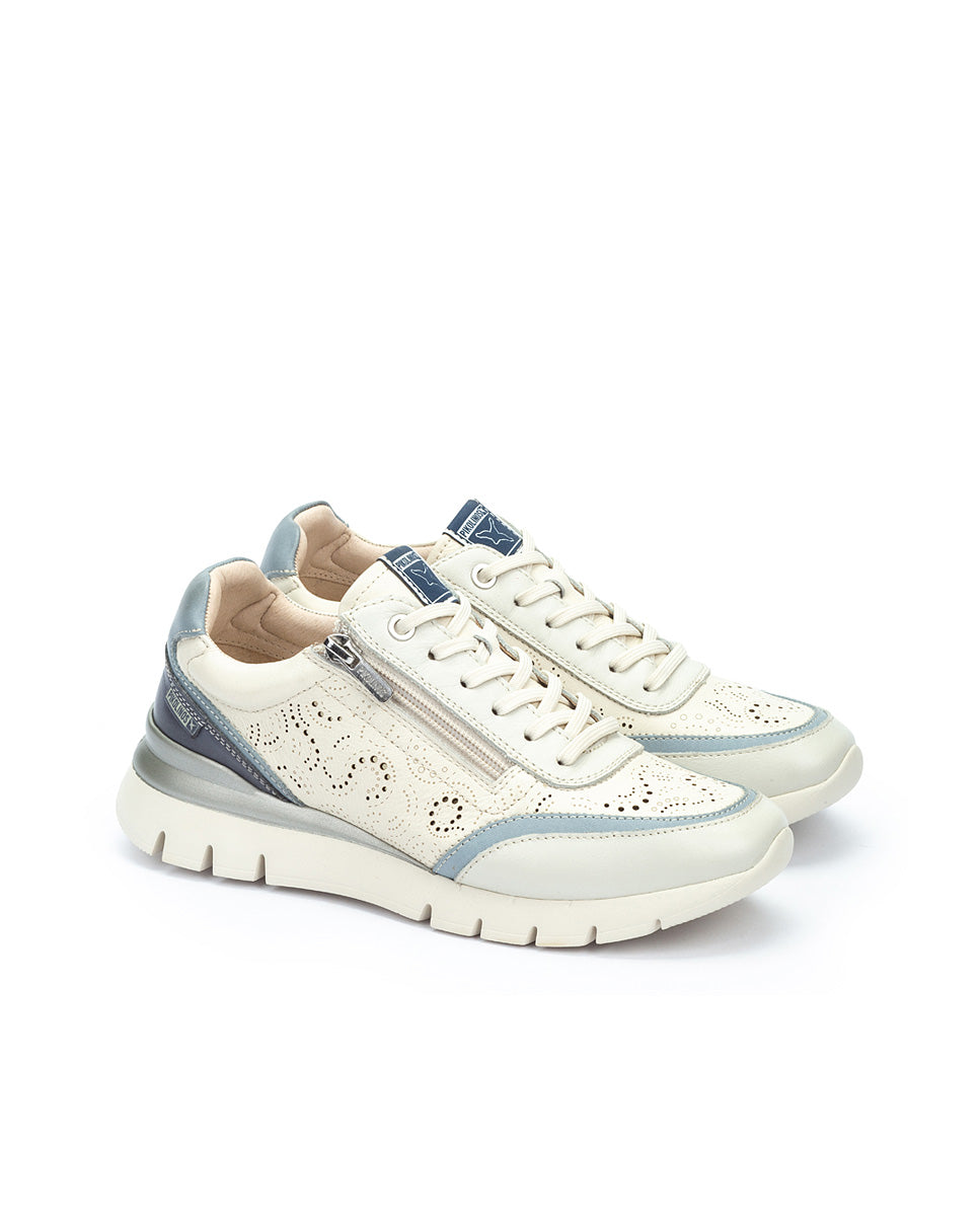 Pikolinos CANTABRIA W4R-6622C2 Nata Espum Cream & Blue Combi Shoes with Lace & Side Zip