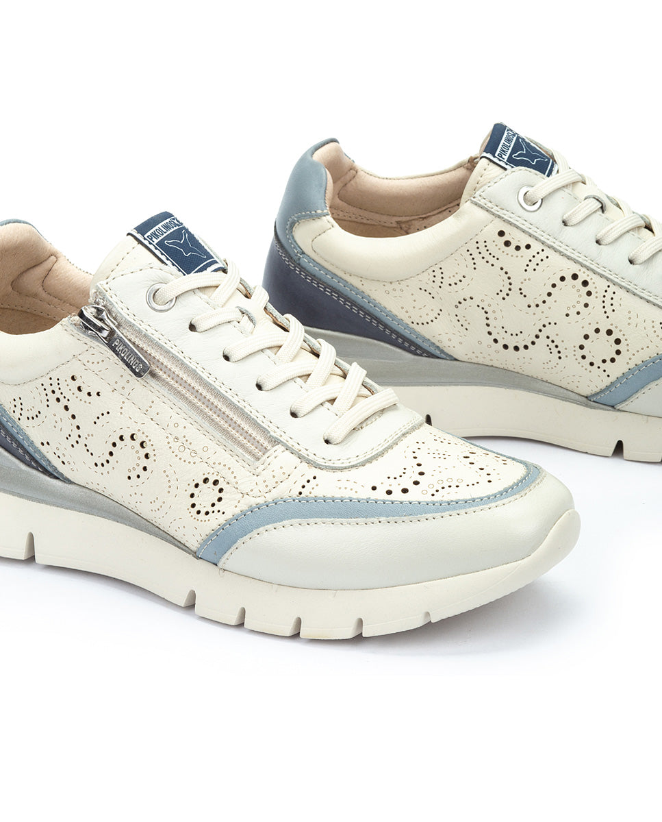 Pikolinos CANTABRIA W4R-6622C2 Nata Espum Cream & Blue Combi Shoes with Lace & Side Zip