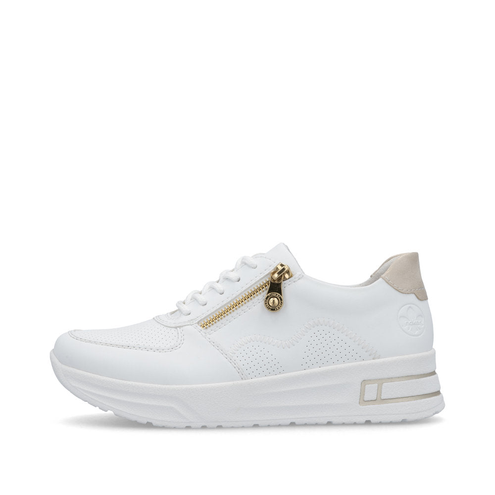Rieker N8100-80 White H Fit Trainers with Gold Zip