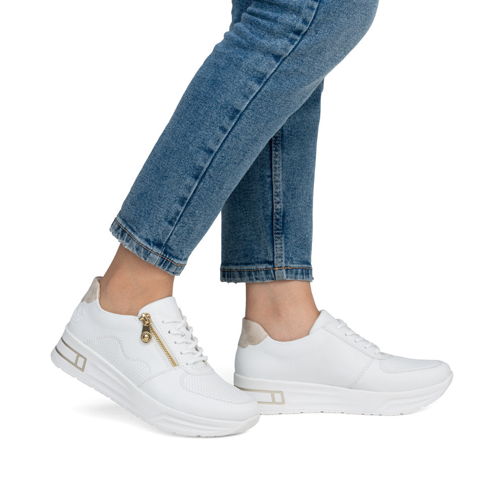 Rieker N8100-80 White H Fit Trainers with Gold Zip