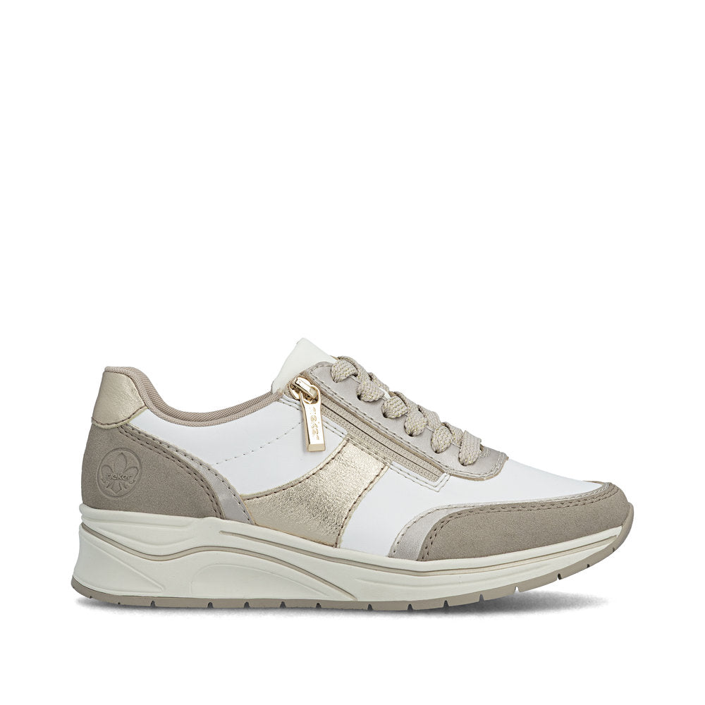 Rieker N9504-80 White, Champagne & Light Gold H Fit Trainers with Zip