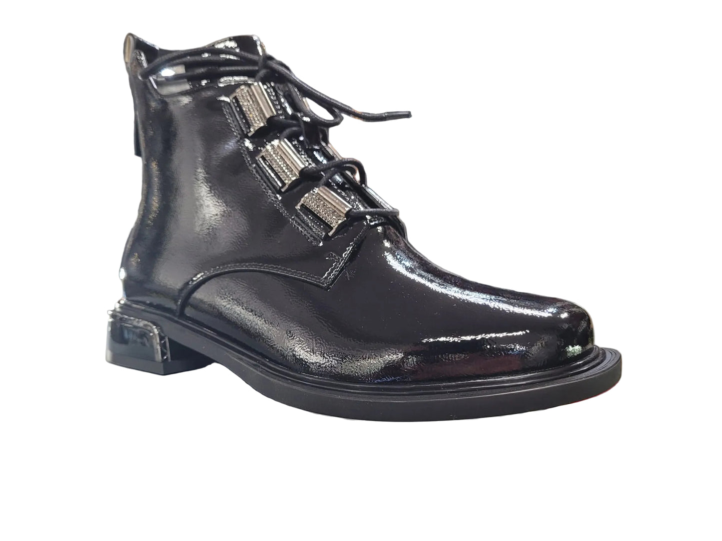 Loretta Vitale C9699 Black Patent Ankle Boots with Lace & Diamonte Eyelets