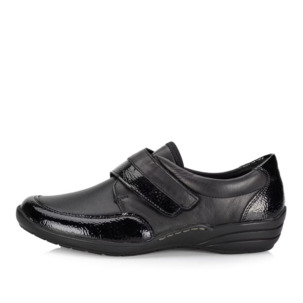 Remonte R7600-04 Black Extra Width Velcro Shoes with Patent Detailing