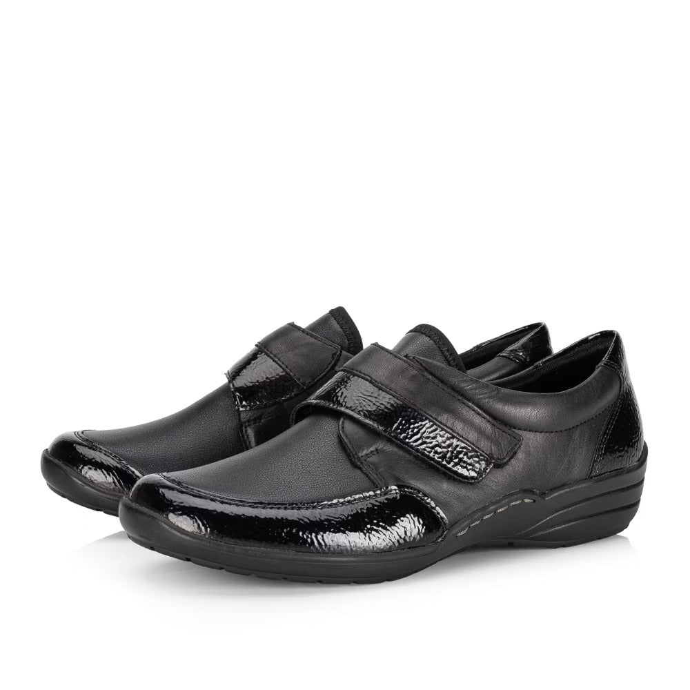 Remonte R7600-04 Black Extra Width Velcro Shoes with Patent Detailing