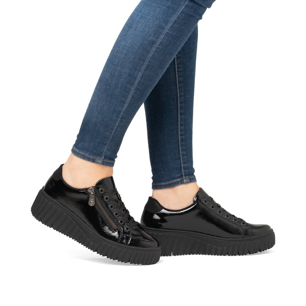 Rieker N2501-00 Black Patent Lace & Zip Sneakers
