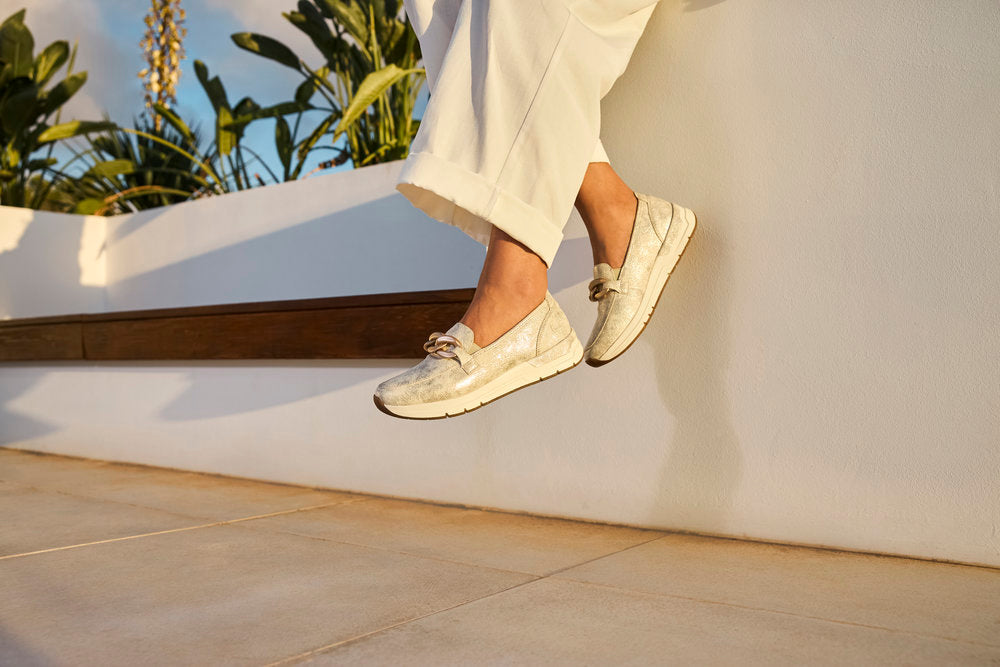 Rieker 58944-61 Beige Gold Slip On Moccasins with Chain