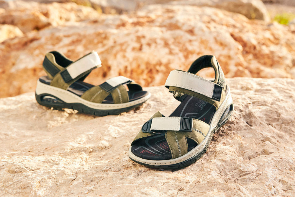 Rieker 67651-54 Khaki & Off White Combi Velcro Sandals with Slingback Strap