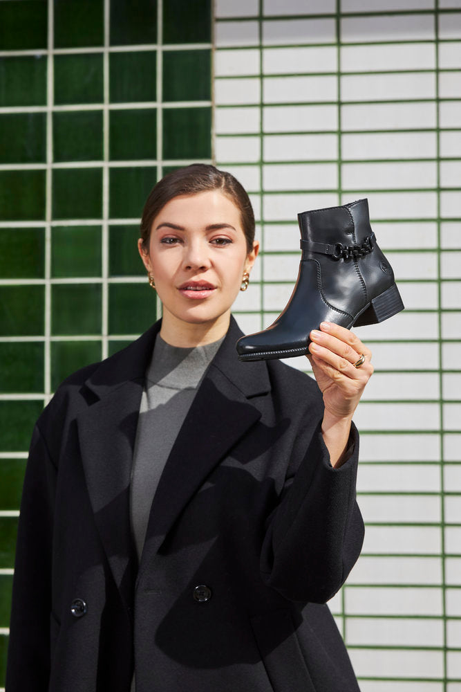Rieker 78676-00 Black Heel Ankle Boots with Side Link